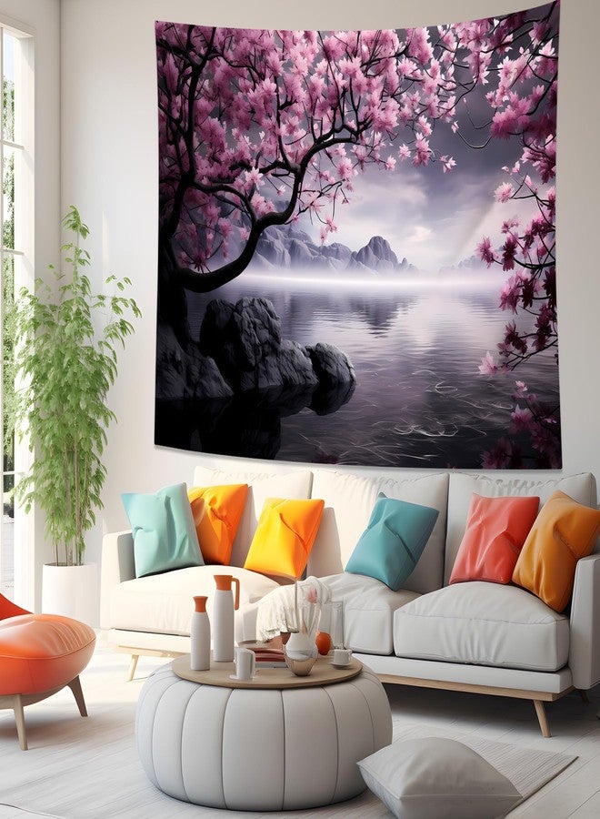 QGHOT Japanese Cherry Blossom Tapestry Wall Hanging Asian Anime Nature Mountain Wall Art Calming Lake Ocean Tapestries for Bedroom Living Room Decor 60x50in - Image 3